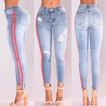 Fashion High Waist Striped Spliced Ripped Skinny Jeans 