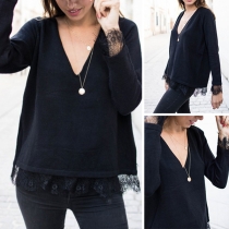 Fashion Solid Color Long Sleeve V-neck Lace Spliced Hem Top