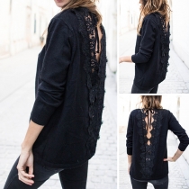 Sexy Lace Spliced Backless Long Sleeve Solid Color Top