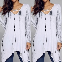 Fashion Long Sleeve V-neck Irregular Hem Printed Top