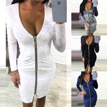 Sexy Backless Deep V-neck Long Sleeve Solid Color Zipper Tight Dress