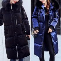 Fashion Solid Color Faux Fur Spliced Hooded Knee-length Padded Coat