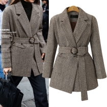 Fashion Long Sleeve Slim Fit Woolen Coat with Waist Strap
