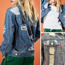 Fashion Cherry Embroidered Long Sleeve Ripped Denim Coat