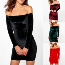 Sexy Off-shoulder Boat Neck Long Sleeve Solid Color Tight Dress