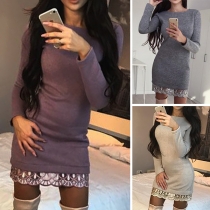 Fashion Solid Color Long Sleeve Round Neck Lace Spliced Hem Dress