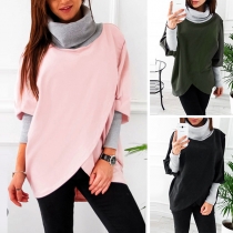 Fashion Contrast Color Dolman Sleeve High Neck Irregular Hem Sweatshirt
