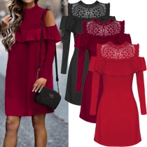 Sexy Off-shoulder Long Sleeve Ruffle Lace Spliced Dress