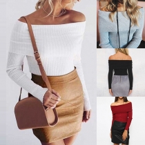 Sexy Off-shoulder Boat Neck Long Sleeve Solid Color knit Top 