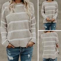 Fashion Long Sleeve Round Neck Striped Pullover Sweater