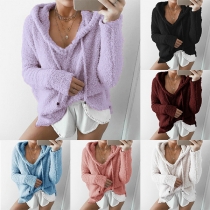 Fashion Solid Color Long Sleeve Faux Mohair Hoodie