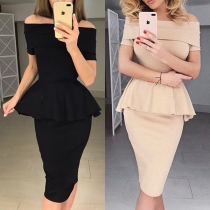 Sexy Off-shoulder Boat Neck Solid Color Slim Fit Ruffle Dress