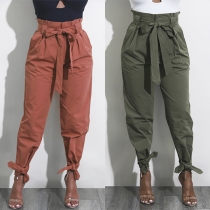 Fashion Solid Color High Waist Casual Pants with Waist Strap
