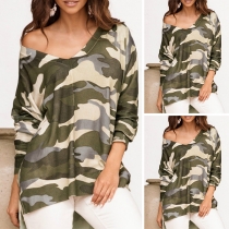 Fashion Camouflage Printed Long Sleeve V-neck Loose T-shirt