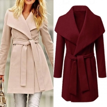 Elegant Solid Color Long Sleeve Lapel Overcoat with Waist Strap