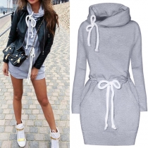 Fashion Solid Color Long Sleeve High Neck Drawstring Waist Slim Fit Dress