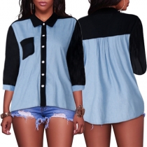 Fashion Contrast Color 3/4 Sleeve POLO Collar High-low Hem Shirt