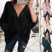 Sexy Crossover V-neck Dolman Sleeve Solid Color Loose Top
