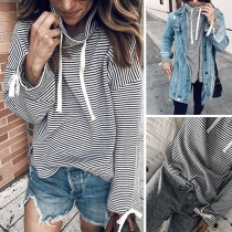 Fashion Long Sleeve Drawstring Turtleneck Striped Top