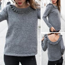 Fashion Solid Color Long Sleeve Ruffle Round Neck T-shirt 