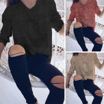 Sexy Backless Long Sleeve Round Neck T-shirt 