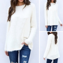 Fashion Solid Color Long Sleeve Round Neck Plush T-shirt