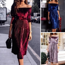 Sexy Off-shoulder Boat Neck Half Sleeve Solid Color Dress