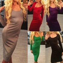 Sexy Hollow Out Lace-up Long Sleeve Slim Fit Solid Color Dress