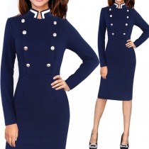 OL Style Long Sleeve Stand Collar Double-breasted Pencil Dress