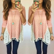 Fashion 3/4 Sleeve Round Neck Lace Spliced Hem T-shirt 