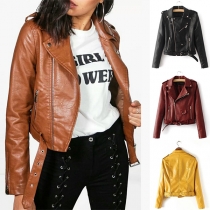 Fashion Solid Color Long Sleeve Oblique Zipper PU Leather Jacket