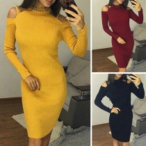 Sexy Off-shoulder Long Sleeve Round Neck Slim Fit Knit Dress