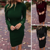 Elegant Solid Color Lace Spliced Long Sleeve Round Neck Tight Dress