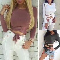 Sexy Solid Color Long Sleeve Round Neck Lace-up Hem Crop Top 