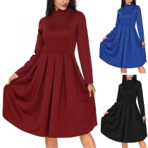 Elegant Solid Color Long Sleeve Stand Collar High Waist Dress