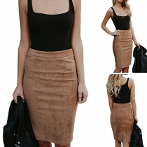 Fashion Solid Color High Waist Slit Hem Skirt 