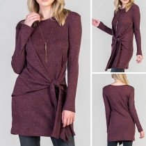Fashion Solid Color Long Sleeve Round Neck Knotted T-shirt 