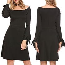 Elegant Solid Color Long Sleeve Boat Neck Slim Fit Dress