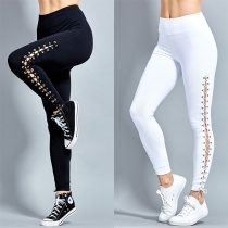 Fashion Solid Color High Waist Lace-up Stretch Leggings