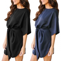   Fashion Solid Color Short Sleeve Round Neck Lace-up Dress