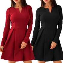 Elegant Solid Color Long Sleeve V-neck High Waist Dress