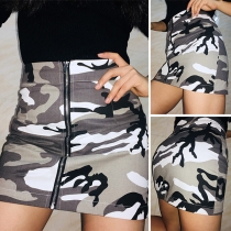 Fashion Camouflage Printed High Waist Front-zipper Skirt 