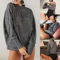 Fashion Long Sleeve Mock Neck Loose Striped T-shirt 