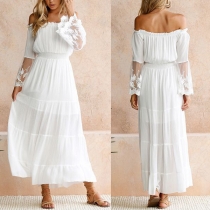 Sexy Off-shoulder Boat Neck Lace Spliced Trumpet Sleeve Dress