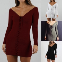 Sexy Backless V-neck Long Sleeve Solid Color Lace-up Tight Dress