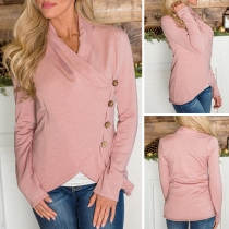 Fashion Solid Color Long Sleeve Irregular Hem Side-button T-shirt 