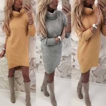  Fashion Solid Color Long Sleeve Turtleneck Slim Fit Dress