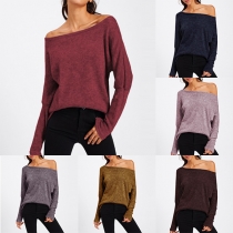  Sexy Off-shoulder Boat Neck Dolman Sleeve Solid Color T-shirt
