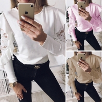 Fashion Solid Color Lace Spliced Lotus Sleeve Round Neck T-shirt 