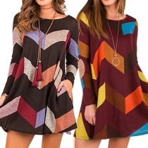 Fashion Colorful Wavy Striped Long Sleeve Round Neck Dress